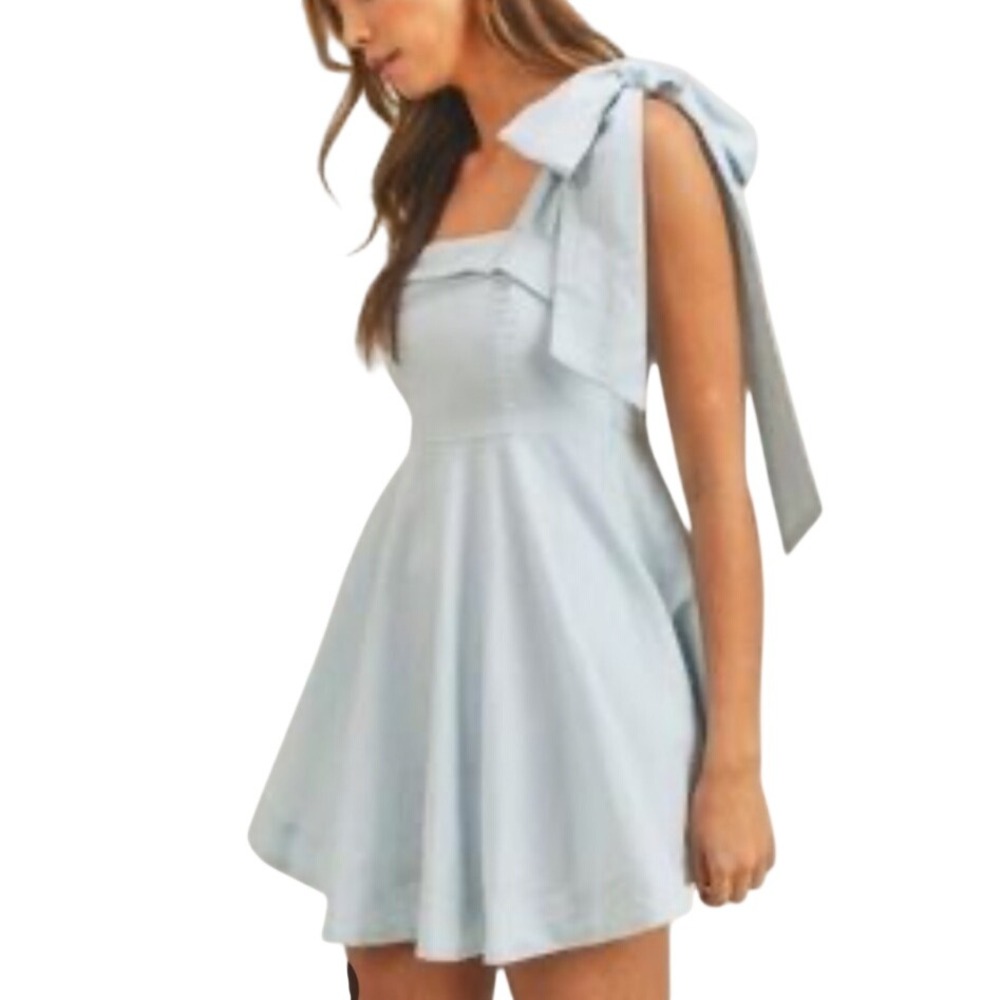 Mable Blue Linen Blend Bow Shoulder Mini Dress Size M Cottagecore Coquette